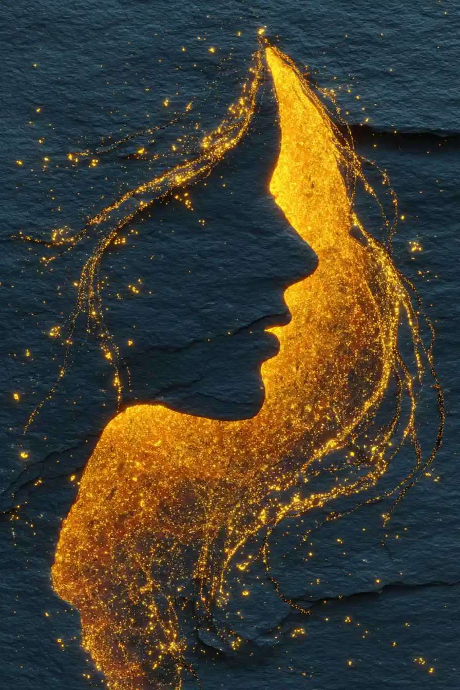 Golden particle portrait of a fantasy woman on black background