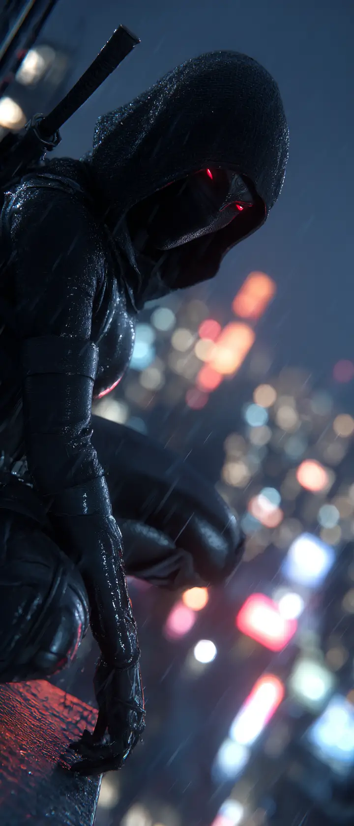 Hooded cyberpunk assassin on rainy city skyscraper edge