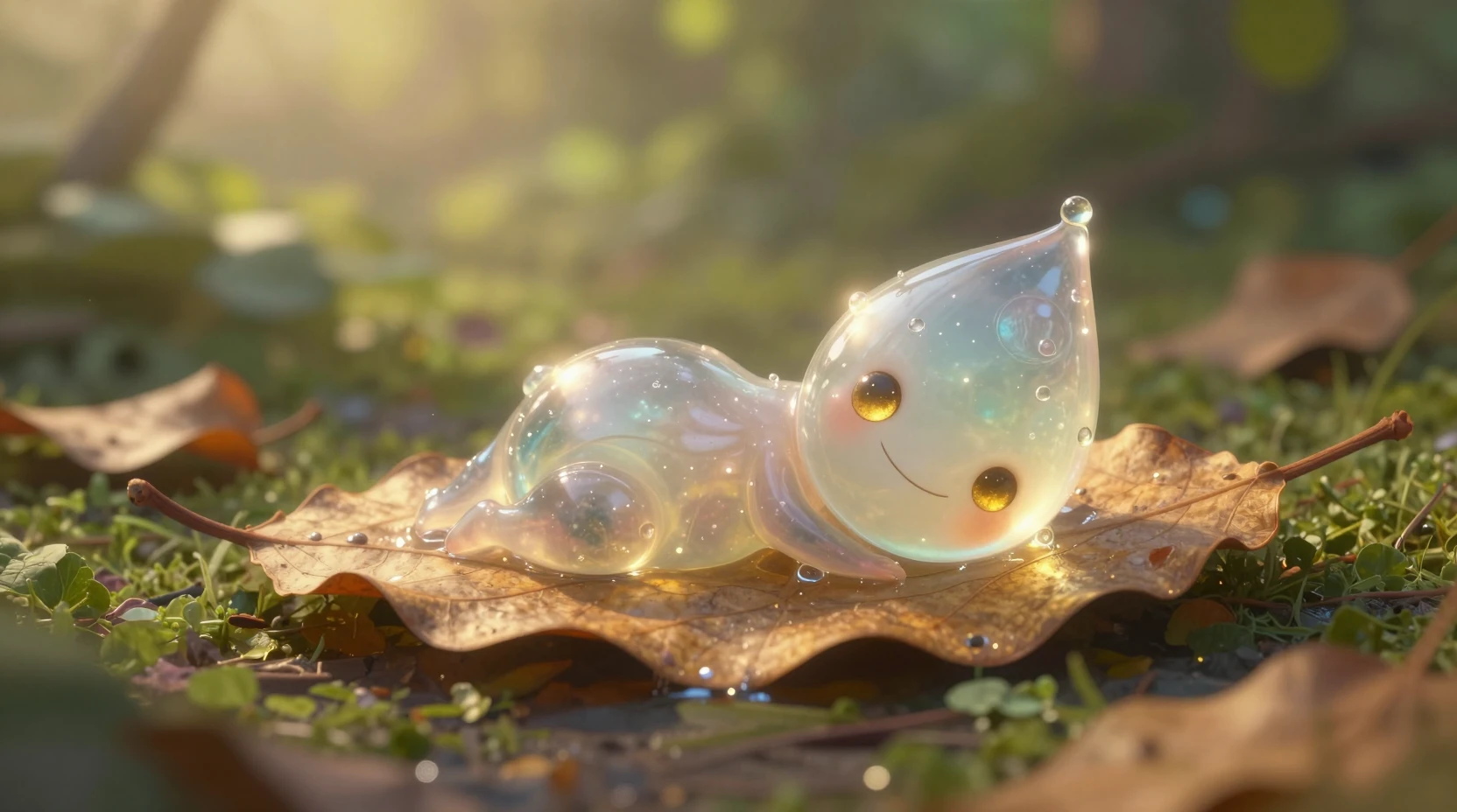 乾いた葉の上で休む遊び心あふれる水滴の生き物