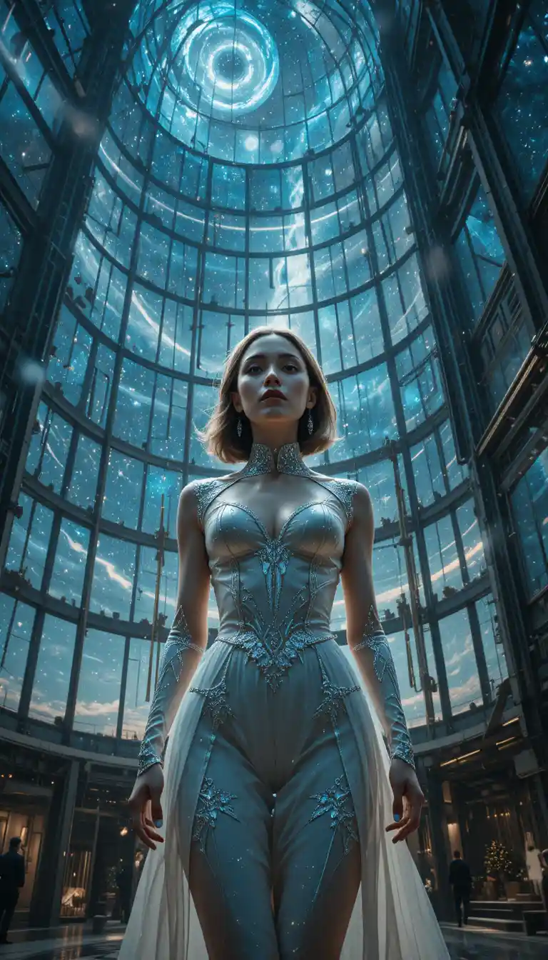 Joven mujer contempla el espacio profundo desde una estación de cristal