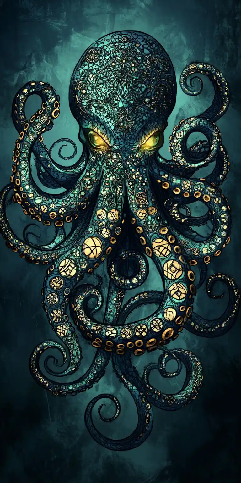 Prächtiger Fantasy-Oktopus mit geschwungenen Tentakeln und Runenmuster