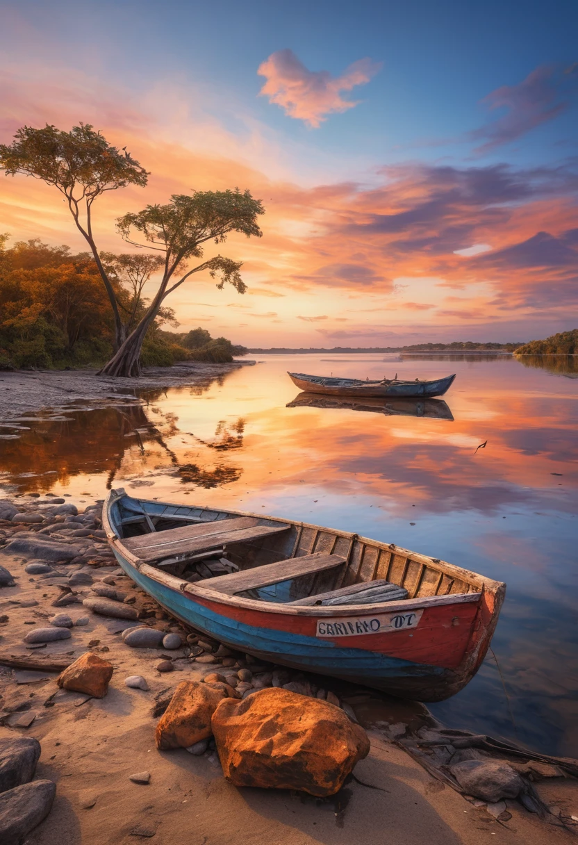 Serene Orinoco riverside with wooden boats at sunset