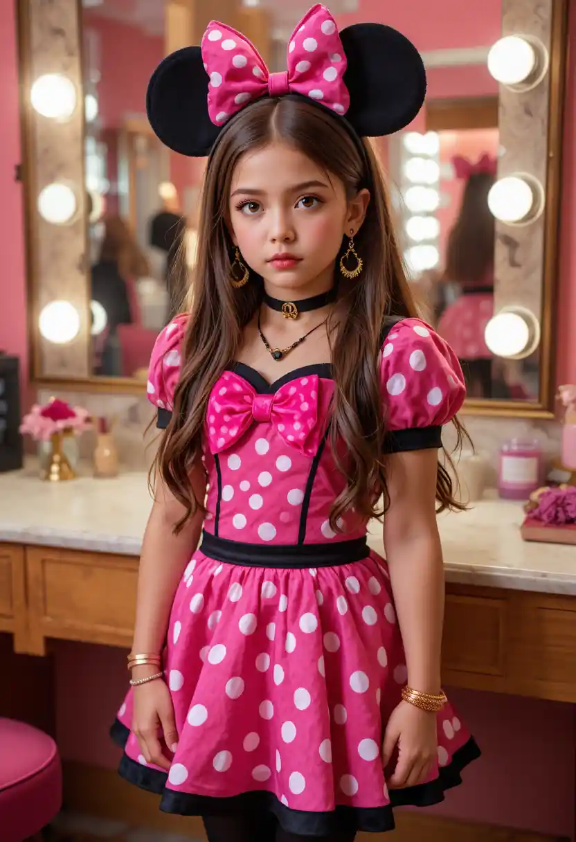 Tween boy dressed as Minnie Mouse at boutique vanity