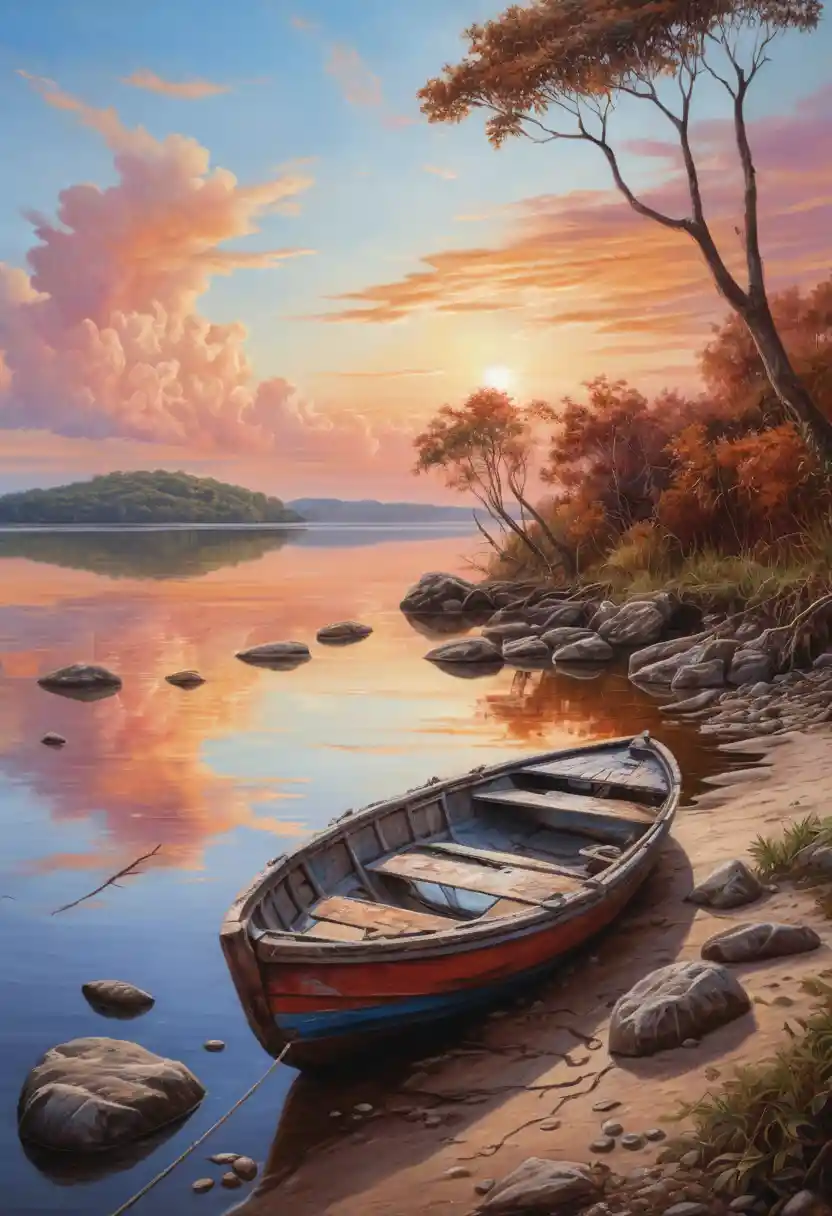 Serene Orinoco riverside at sunset with lone wooden boat