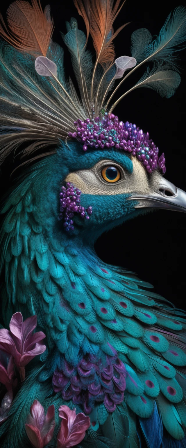 Majestuoso retrato lateral de un pavo real enjoyado de perfil