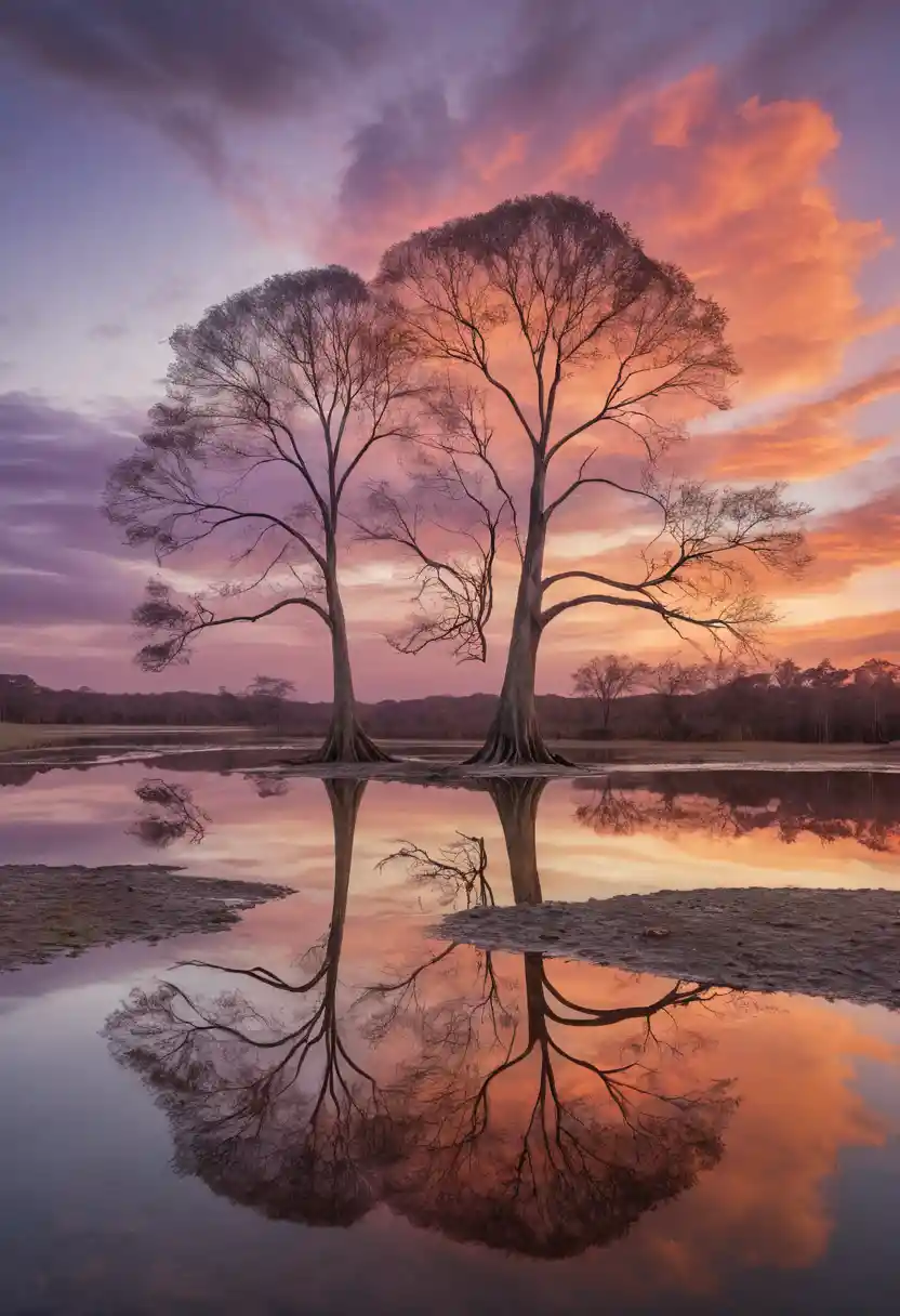 Two Bare Trees Reflected In A Quiet Orinoco River Pond