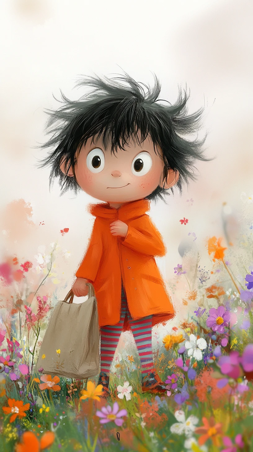 Niño con abrigo naranja de pie entre flores de primavera