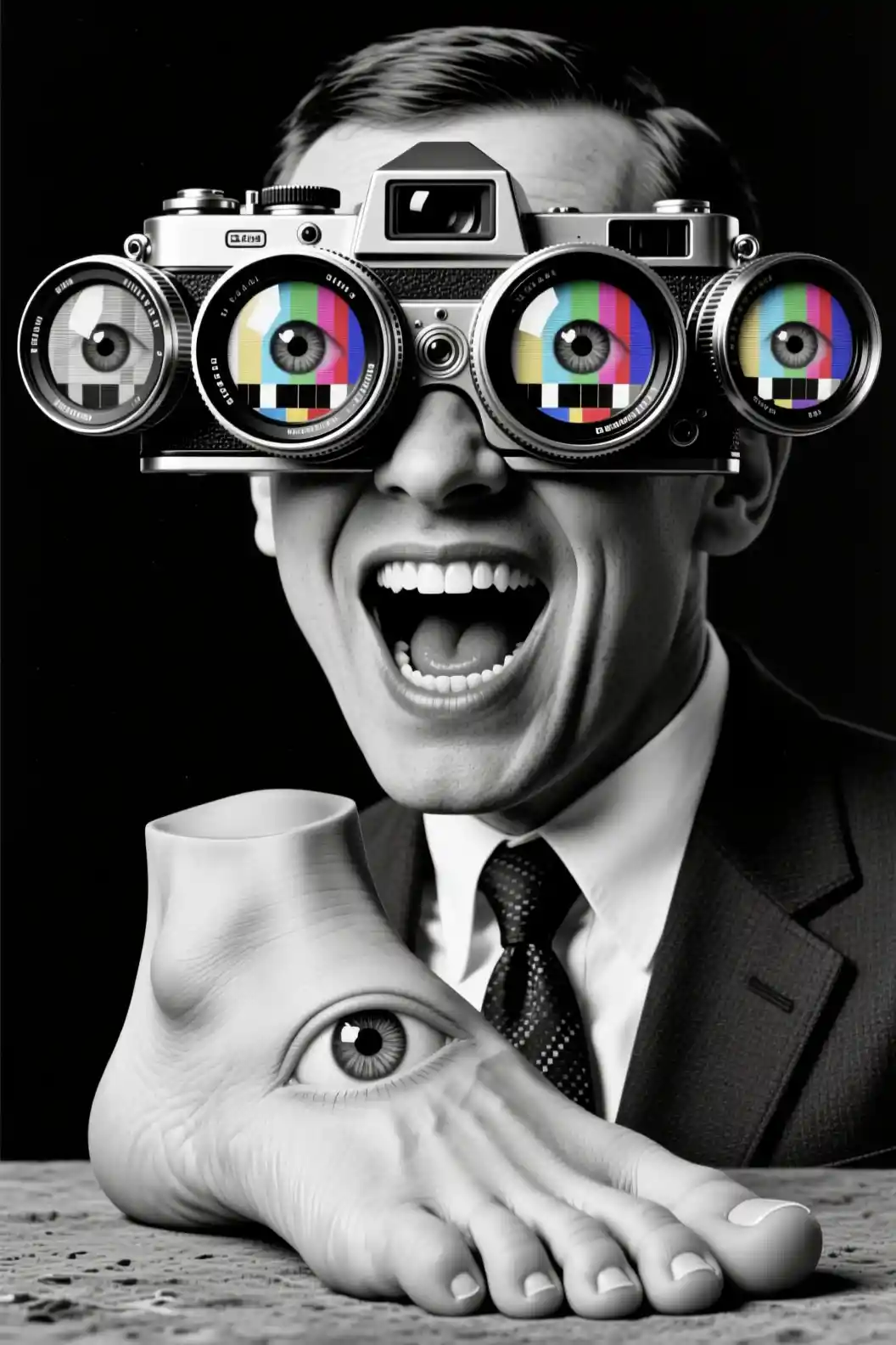 Surreal foot portrait with camera eyes and suited figure