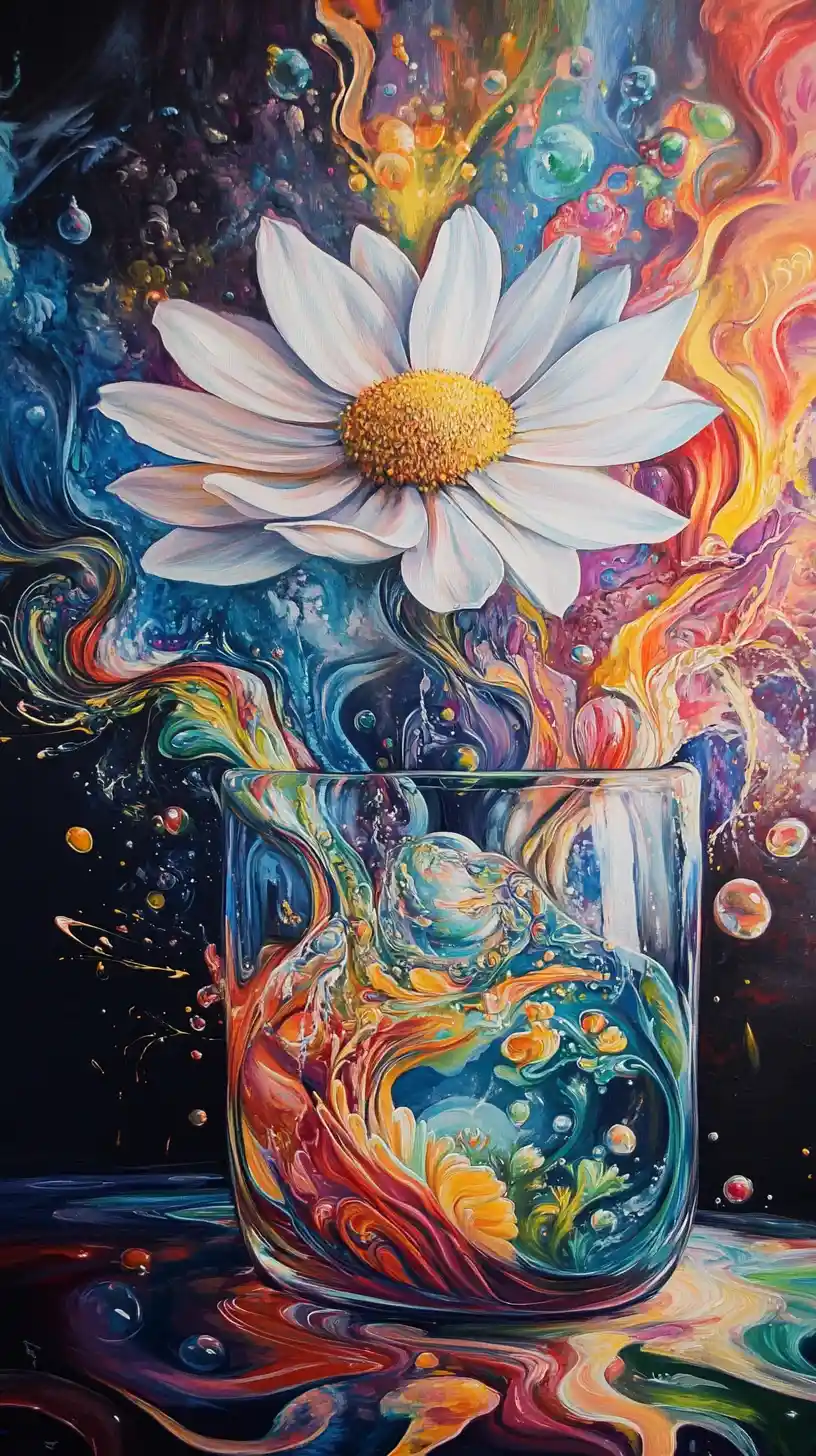 Colorful abstract painting flowing from a delicate glass form