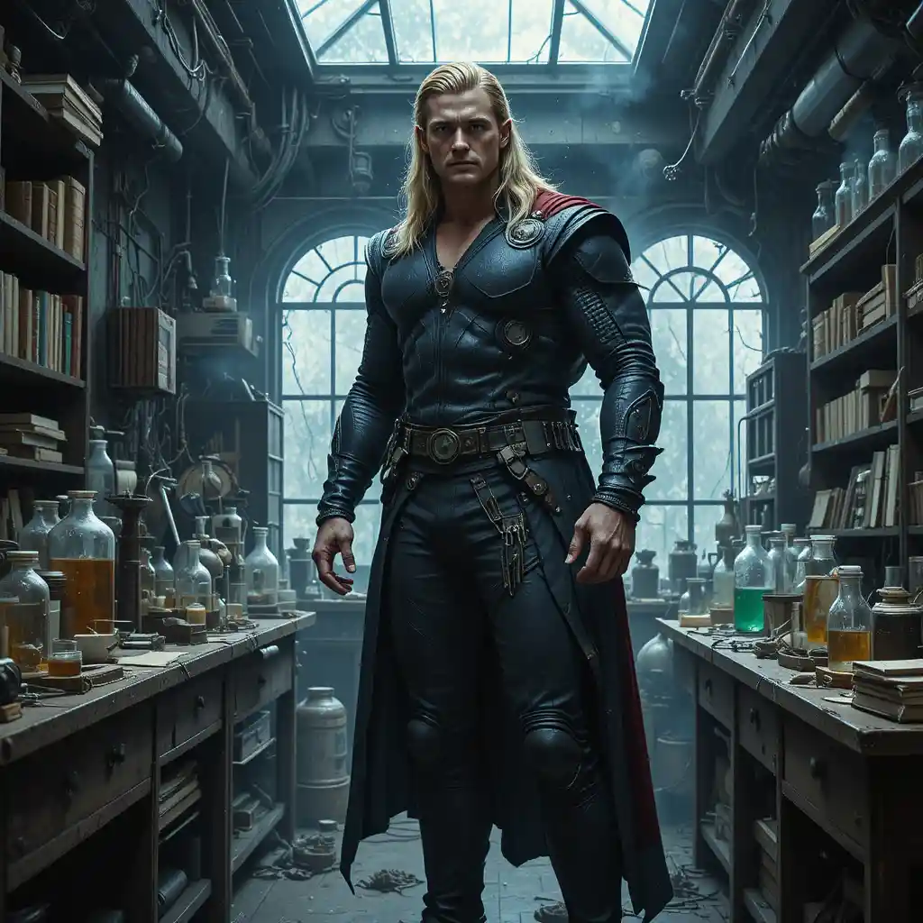Blonde superhero in leather jacket inside dark laboratory