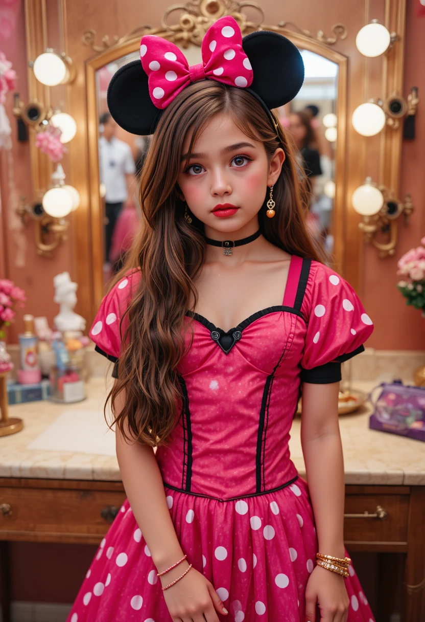 Niño preadolescente disfrazado de Minnie Mouse en tocador de boutique
