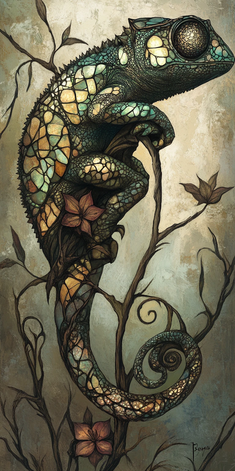 Mystical chameleon with gothic mosaic ornament and glow