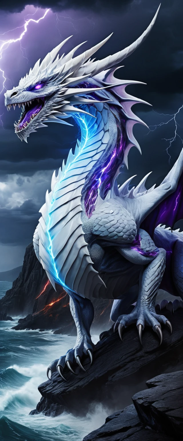 White dragon on a stormy cliff above a raging ocean