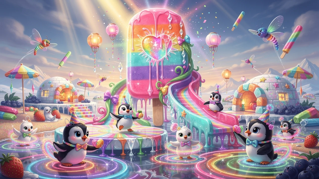 Mondo di Gigantesco Ghiacciolo Arcobaleno con Pinguini in Festa