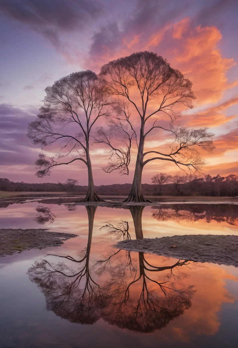 Two Bare Trees Reflected In A Quiet Orinoco River Pond
