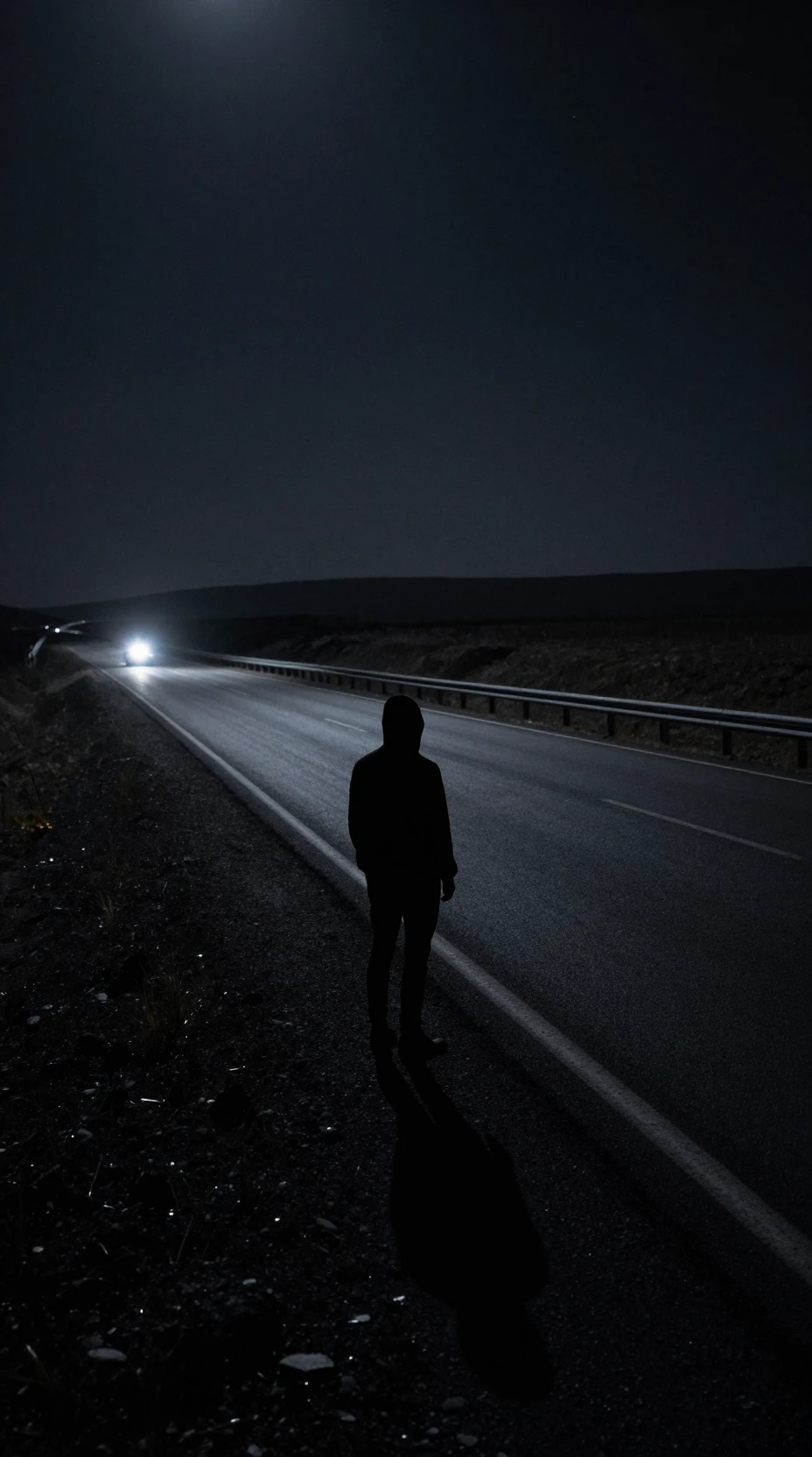 Viaggiatore solitario su un'autostrada deserta illuminata dalla luna di notte