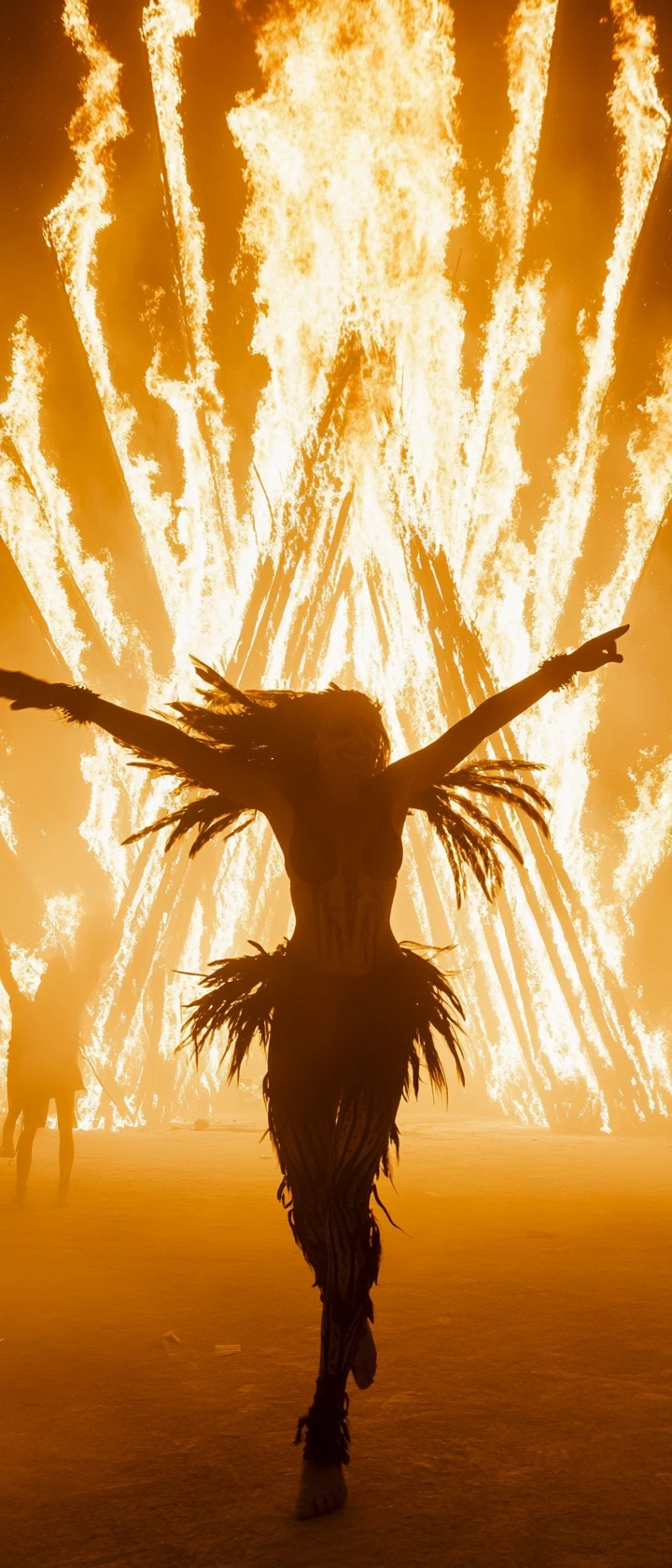 Jubilant woman dancing before a towering desert bonfire