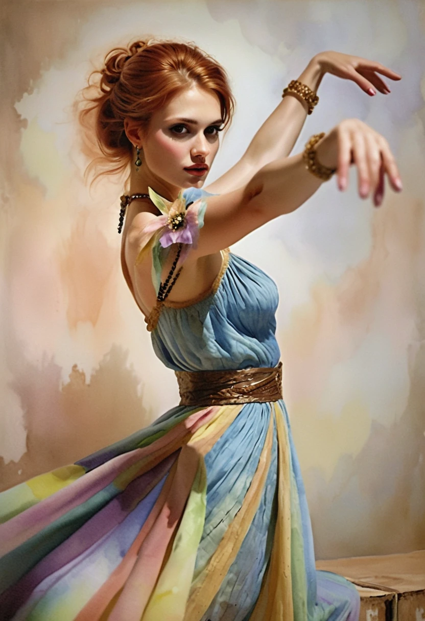 Dreamy red haired girl in watercolor bustier dress portrait