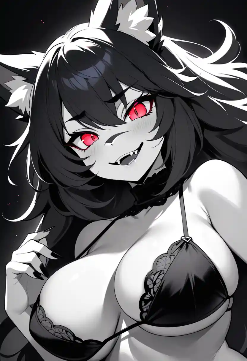Mulher raposa furry gótica preta de biquíni de renda em close