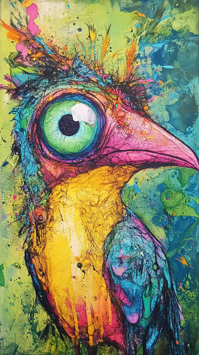 Surreal bird like creature with hypnotic glowing eyes