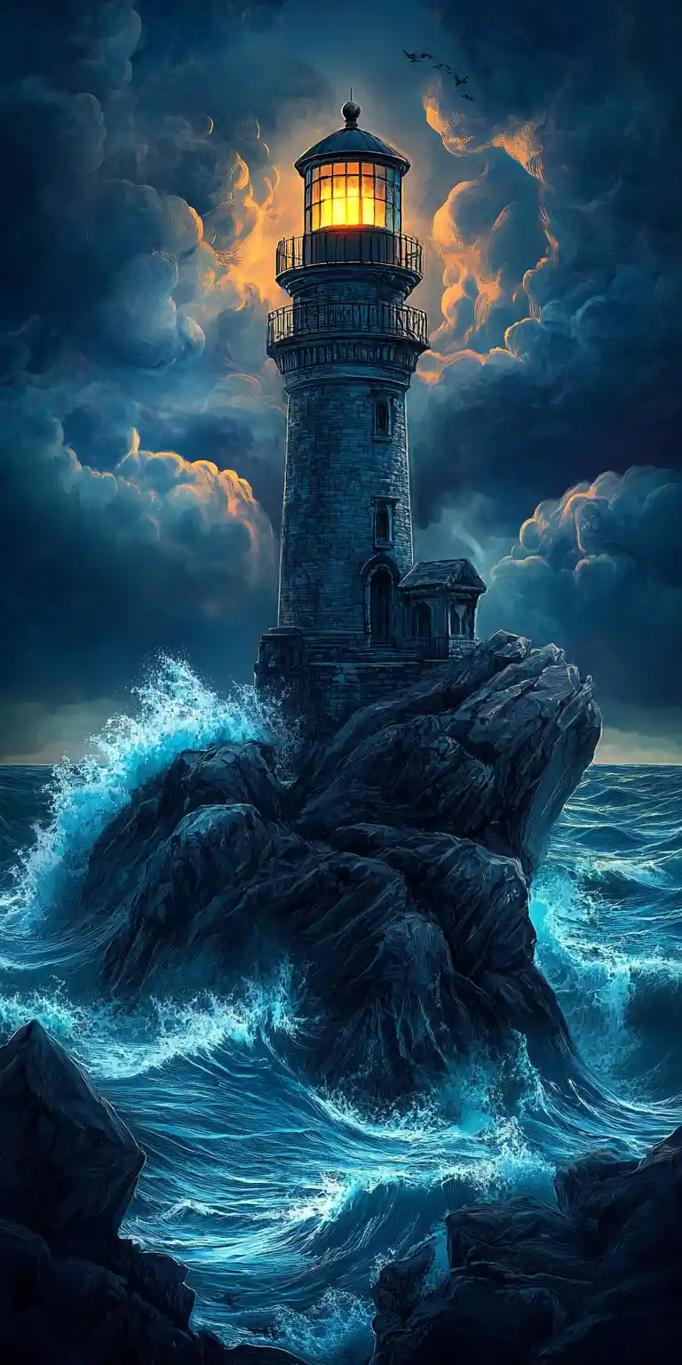 Dark fantasy lighthouse above stormy sea at twilight