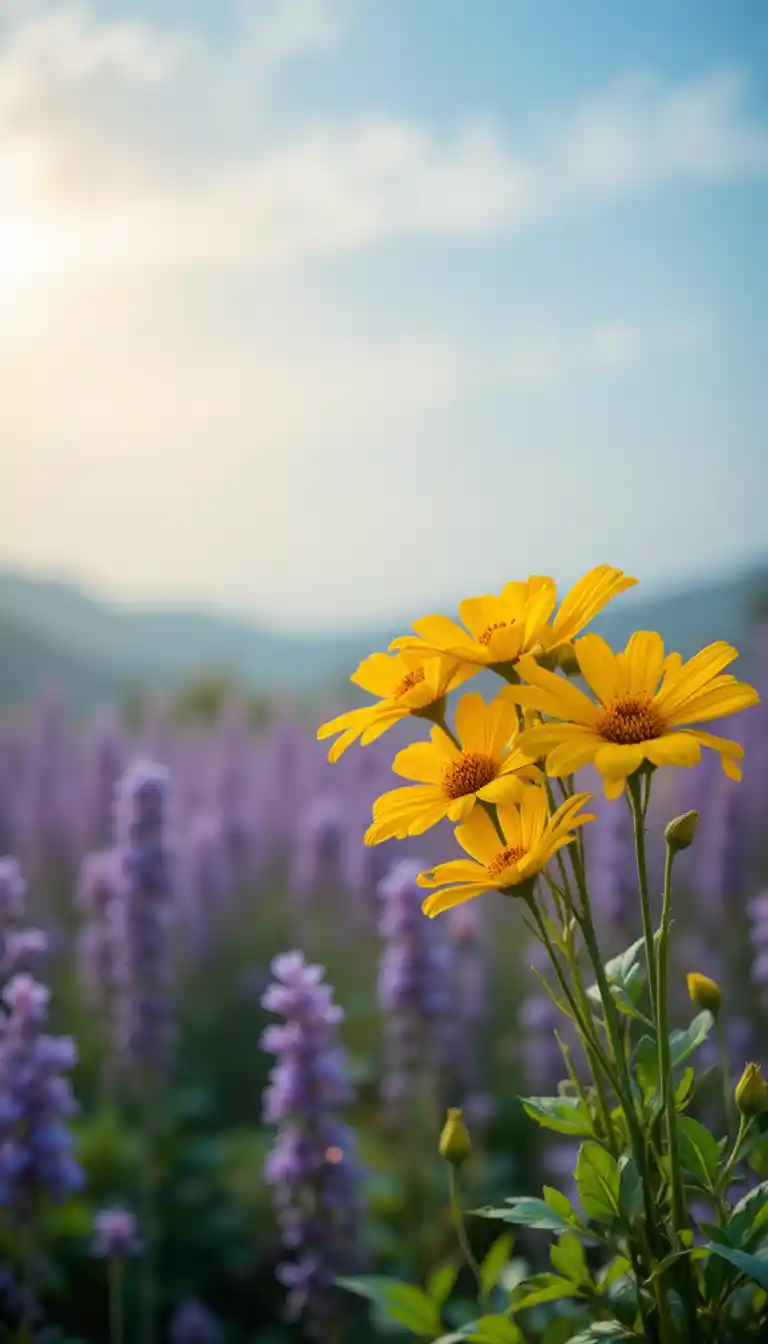 Yellow flowers in sunlight against soft purple field