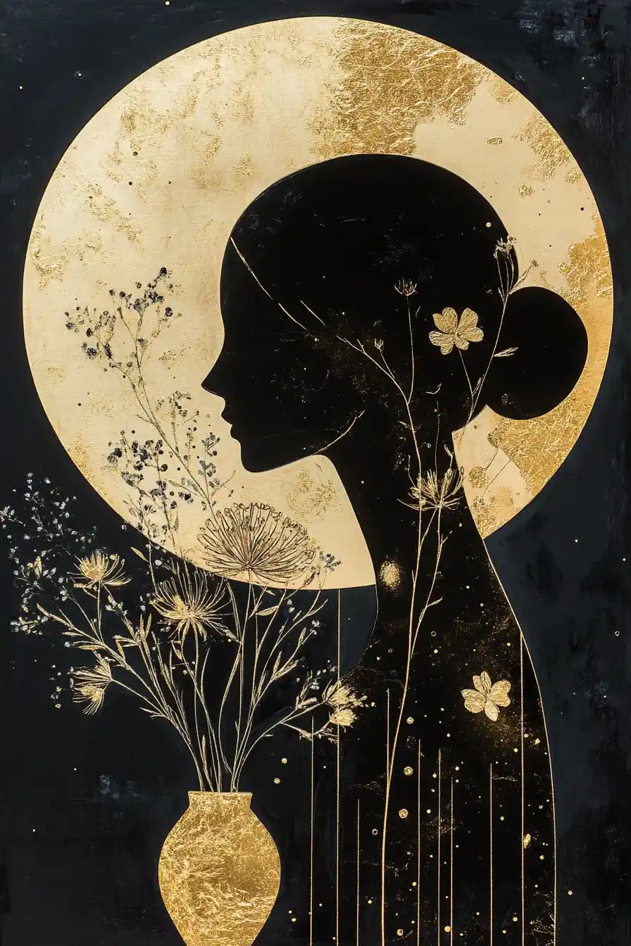Minimal woman profile with gold flowers and geometric circle
