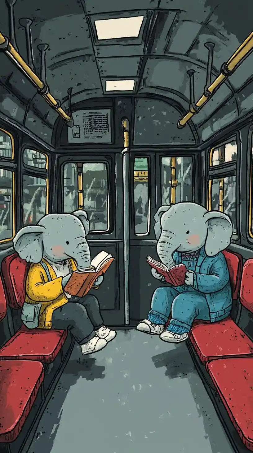 Pixel art elephants riding inside a retro city bus