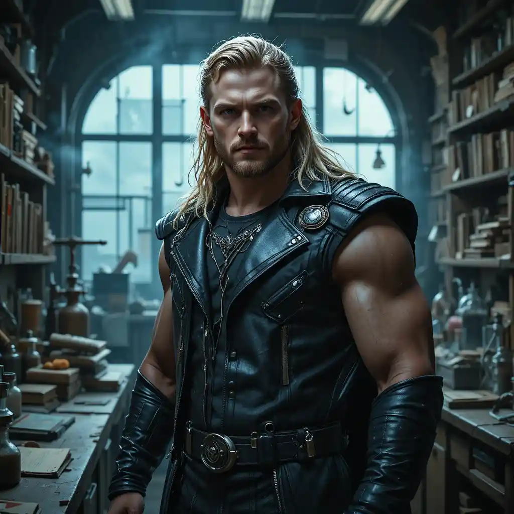 Muscular blond man in black jacket inside dark laboratory