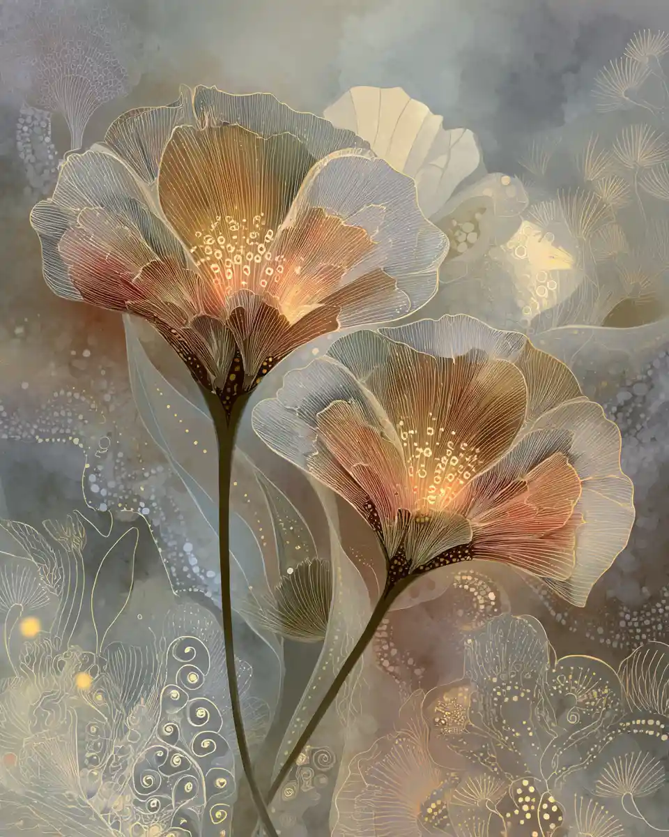 Two flowers leaning together in a dreamy fantasy scene