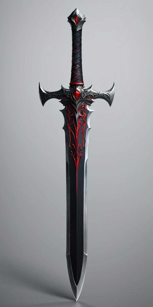 Espada negra con detalles rojos sobre fondo gris claro