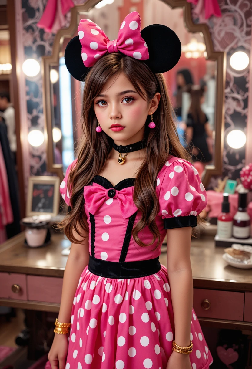 Niño preadolescente con disfraz de Minnie Mouse en tocador de boutique