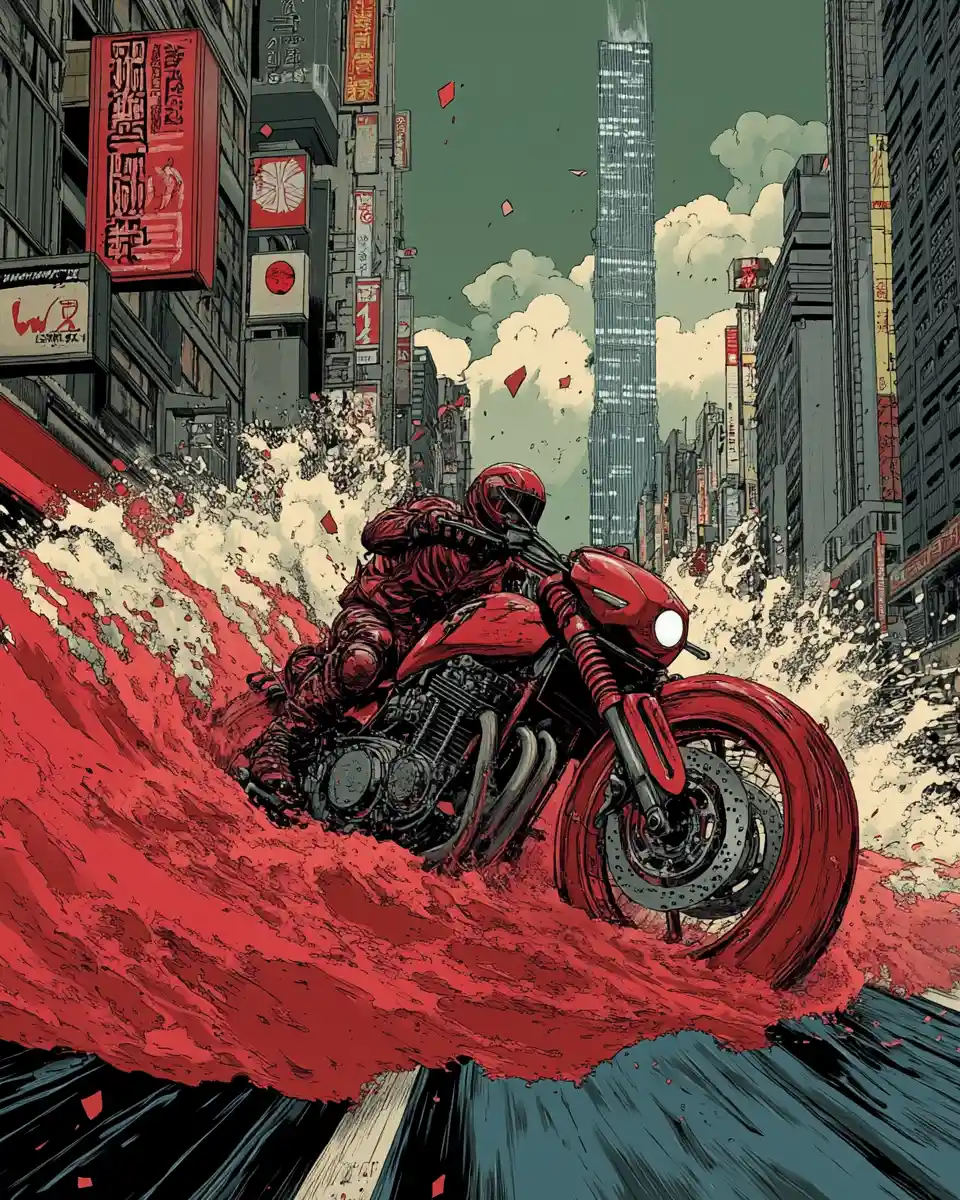 Tsunami Towering Over A City With Rider On Motorcycle