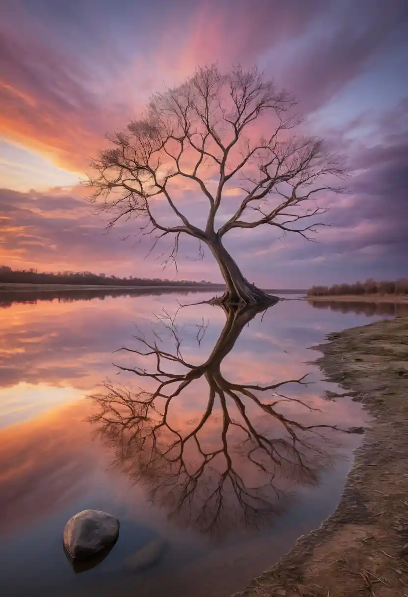 Solitary tree reflected on a calm Orinoco river at sunset