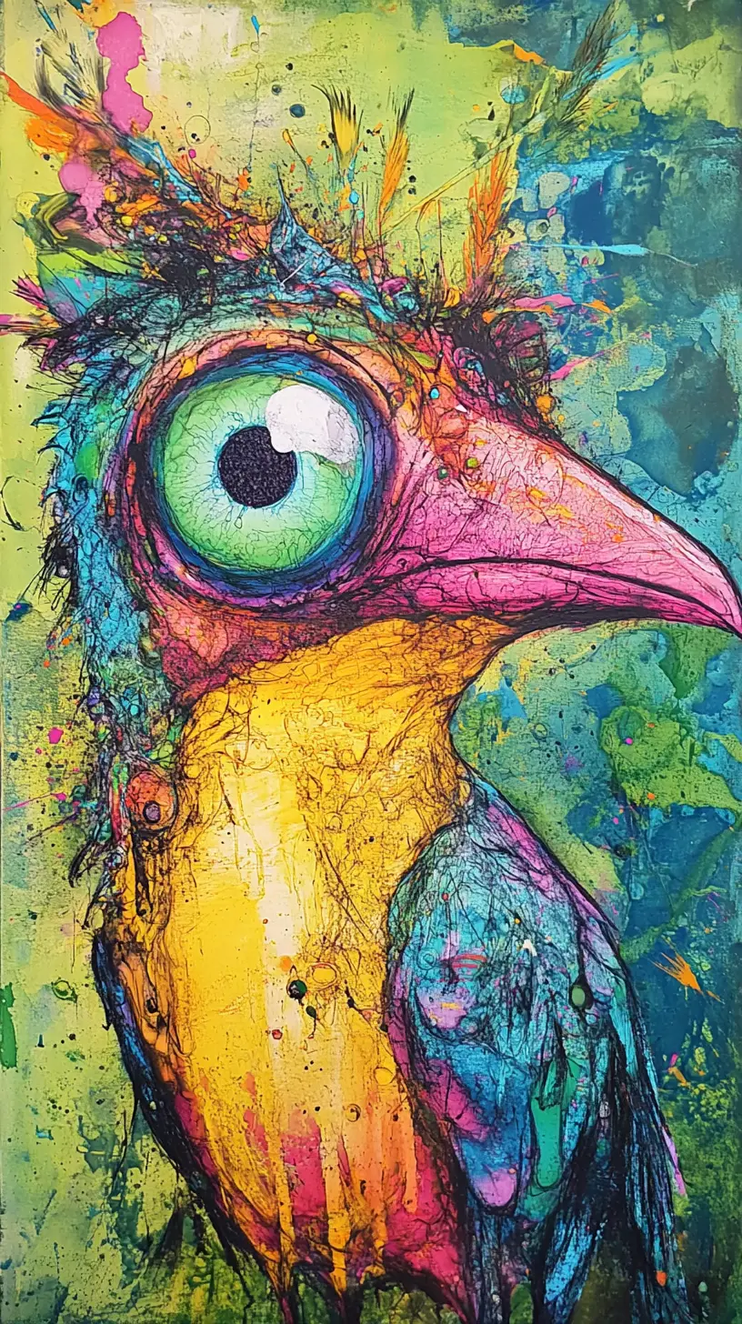 Surreal bird like creature with hypnotic glowing eyes