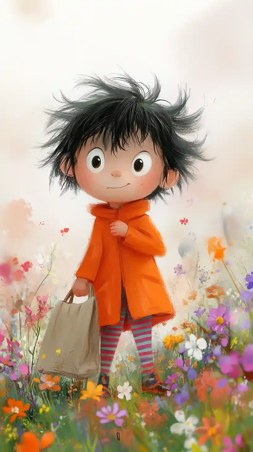 Bambino con cappotto arancione tra i fiori di primavera