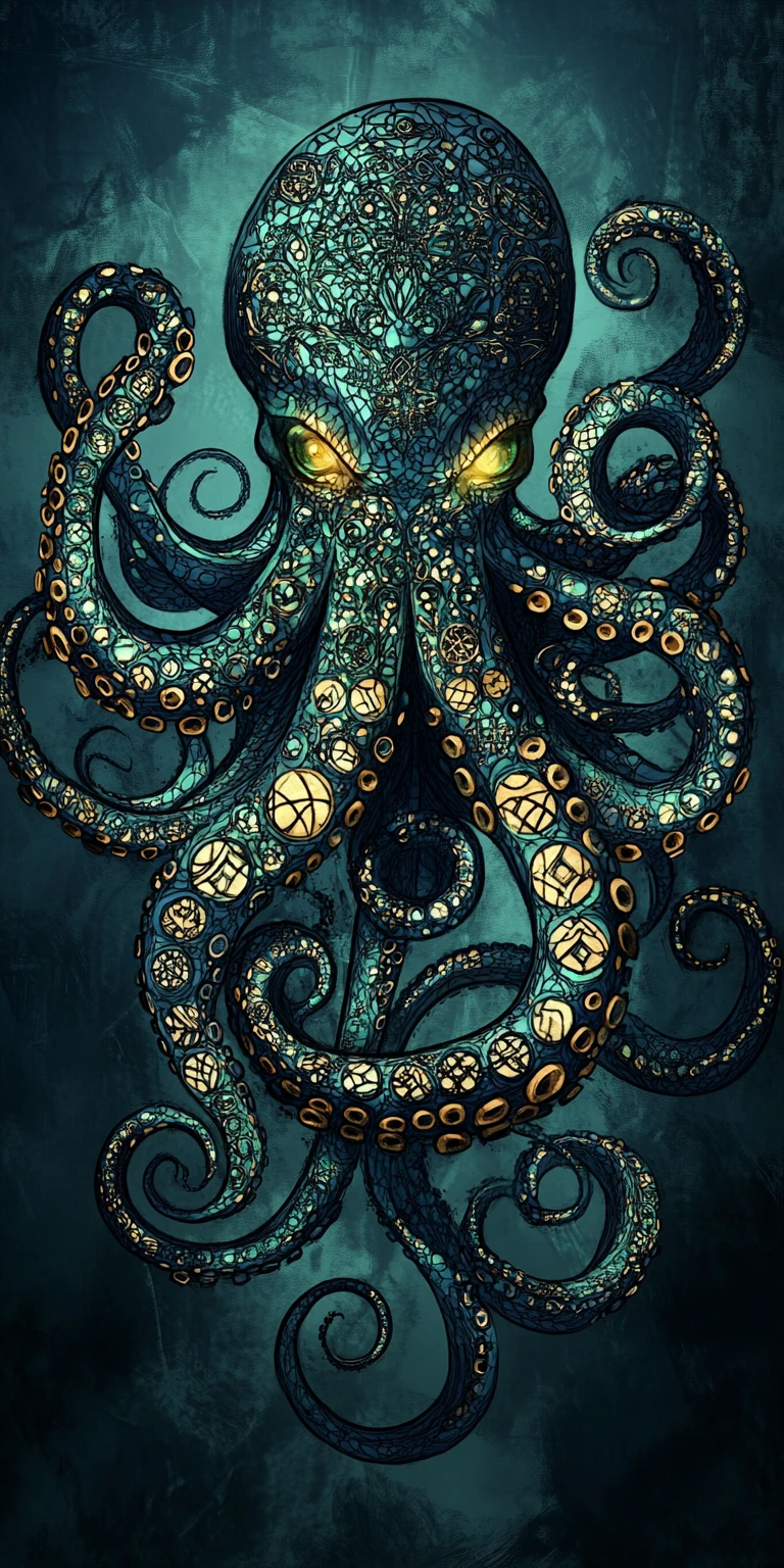 Prächtiger Fantasy-Oktopus mit geschwungenen Tentakeln und Runenmuster
