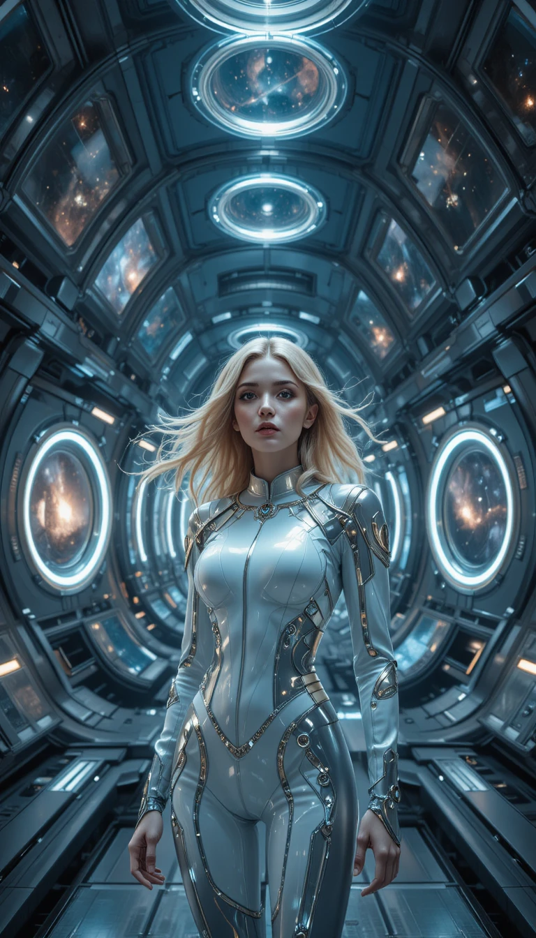 Mujer rubia en estación espacial futurista con portales cósmicos