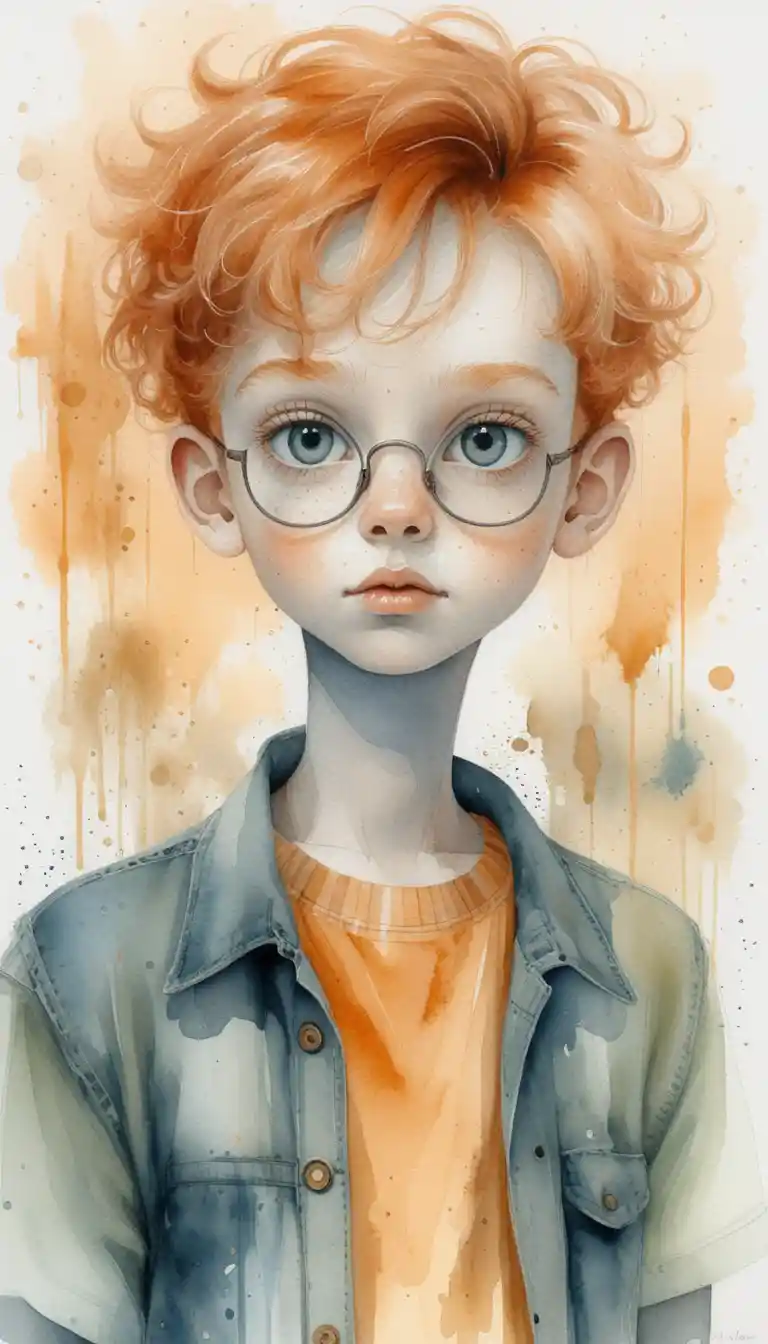 Portrait aquarelle d’un garçon roux aux taches de rousseur et lunettes rondes