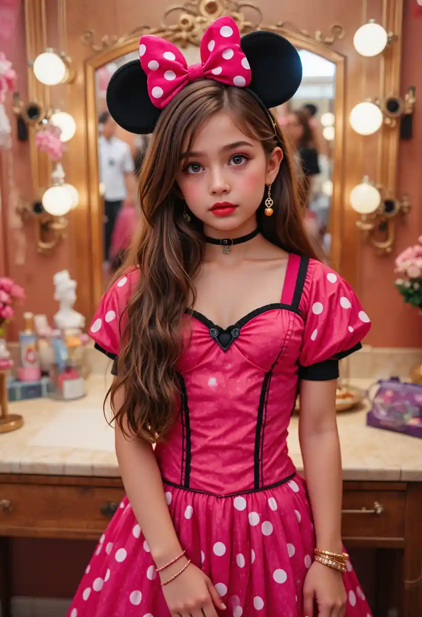 Tween boy dressed as Minnie Mouse at boutique vanity