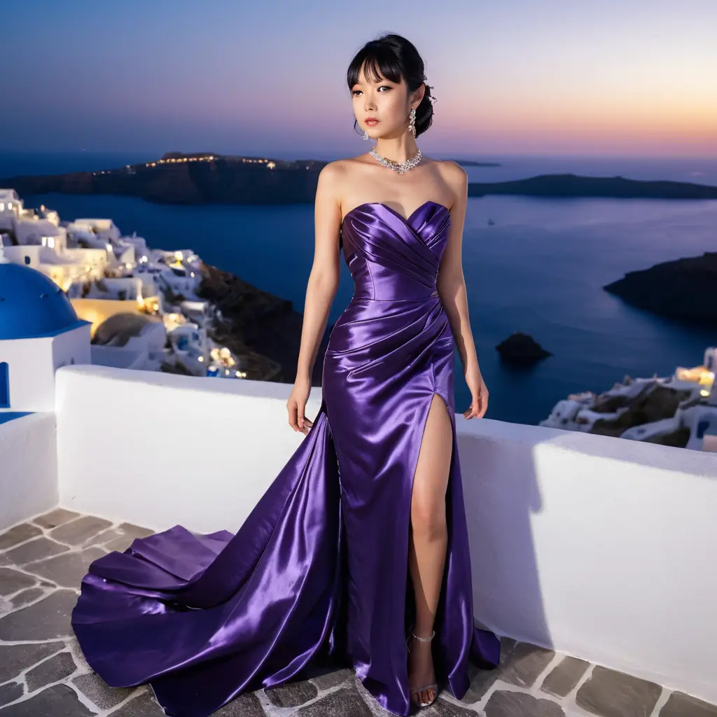 Elegante mujer japonesa con vestido de satén morado de noche