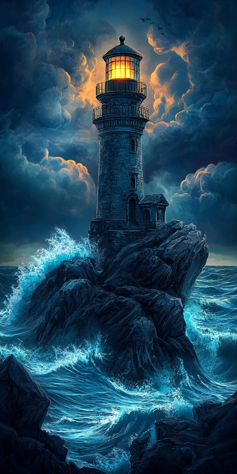 Dunkle Fantasy: Leuchtturm über stürmischer See in der Dämmerung