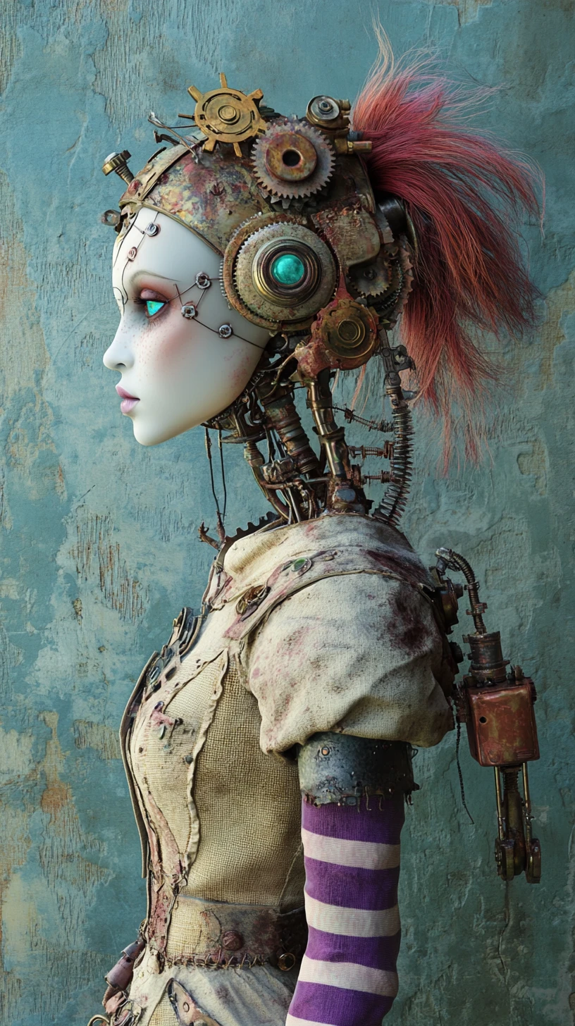 Steampunk gothic ragdoll woman in side profile view