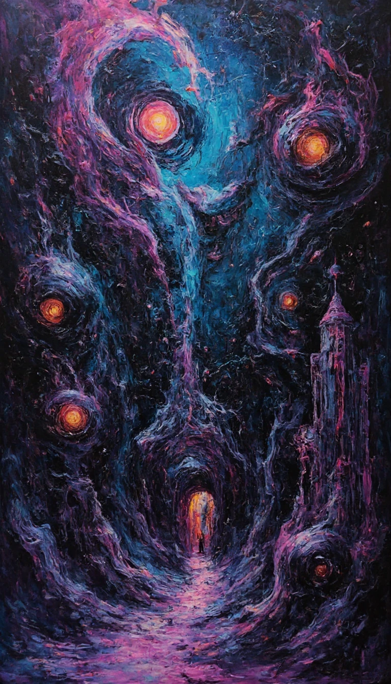 Surreal neon cosmos with twisting celestial forms