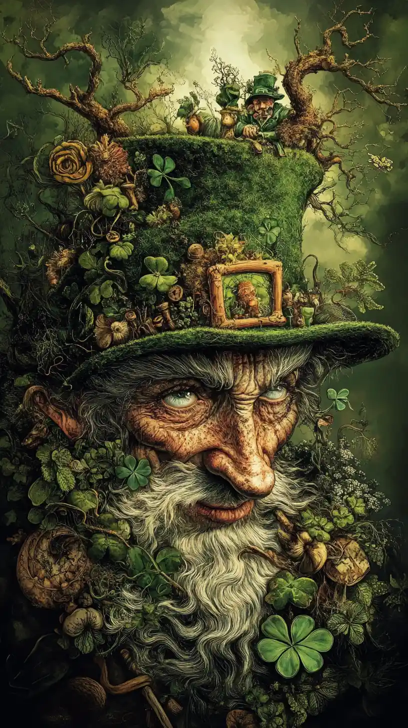 Surreal illusion scene with a mysterious leprechaun figure