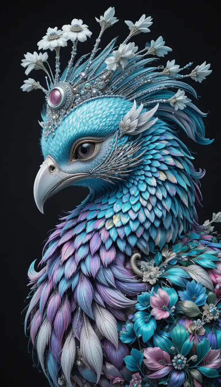Majestic peacock profile in jeweled cyan and cobalt plumage