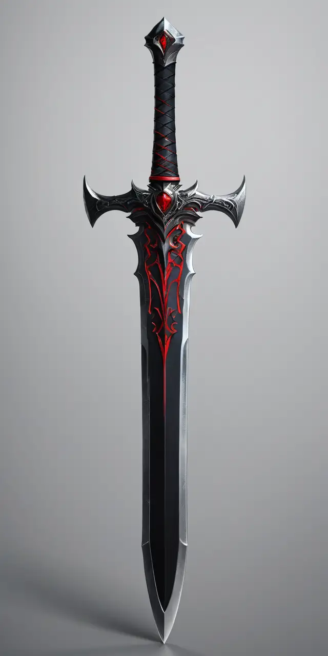 Black sword with red accents on light gray background