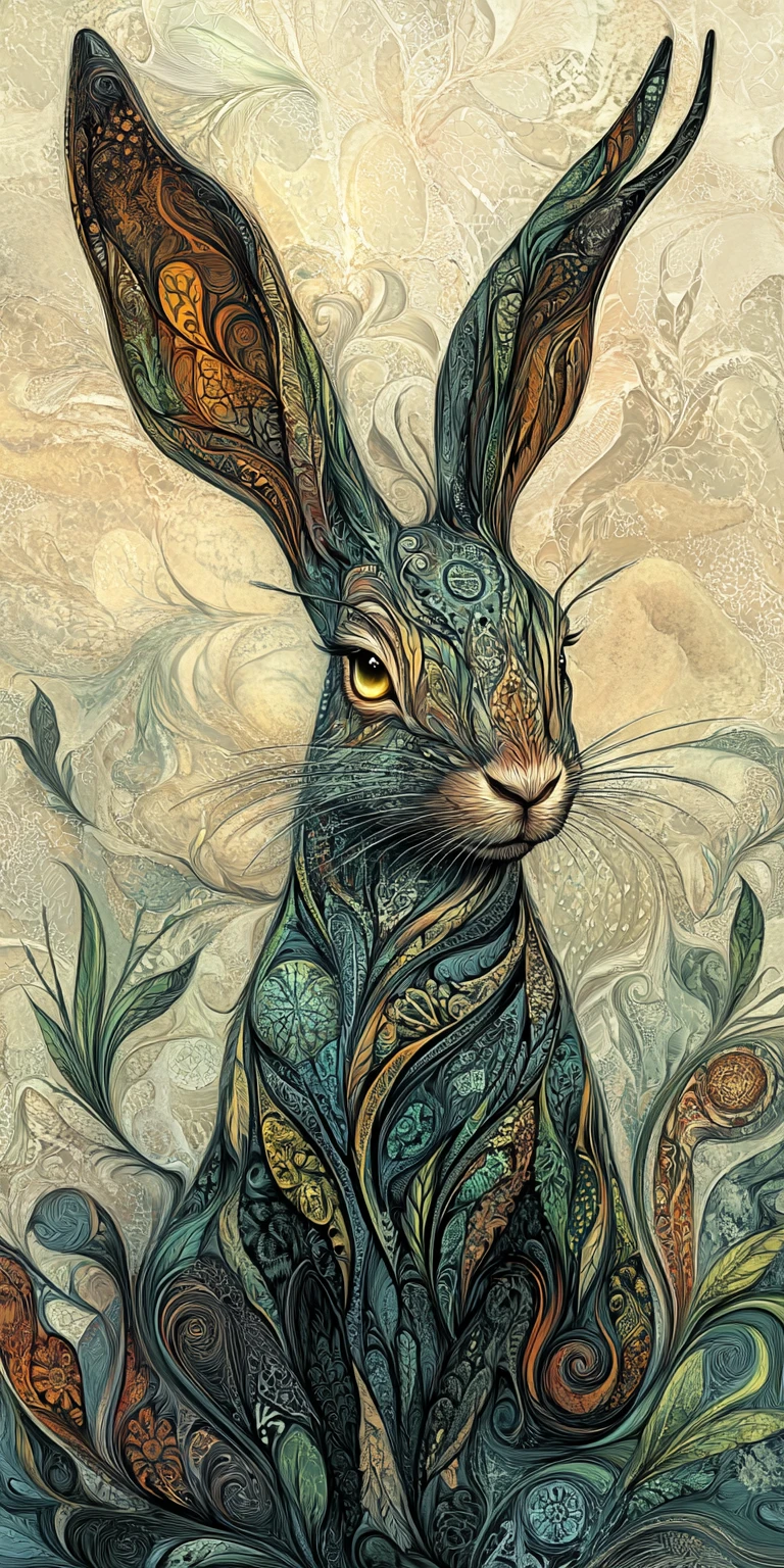 Mystical rabbit illustration with gothic patterns and glowing eyes