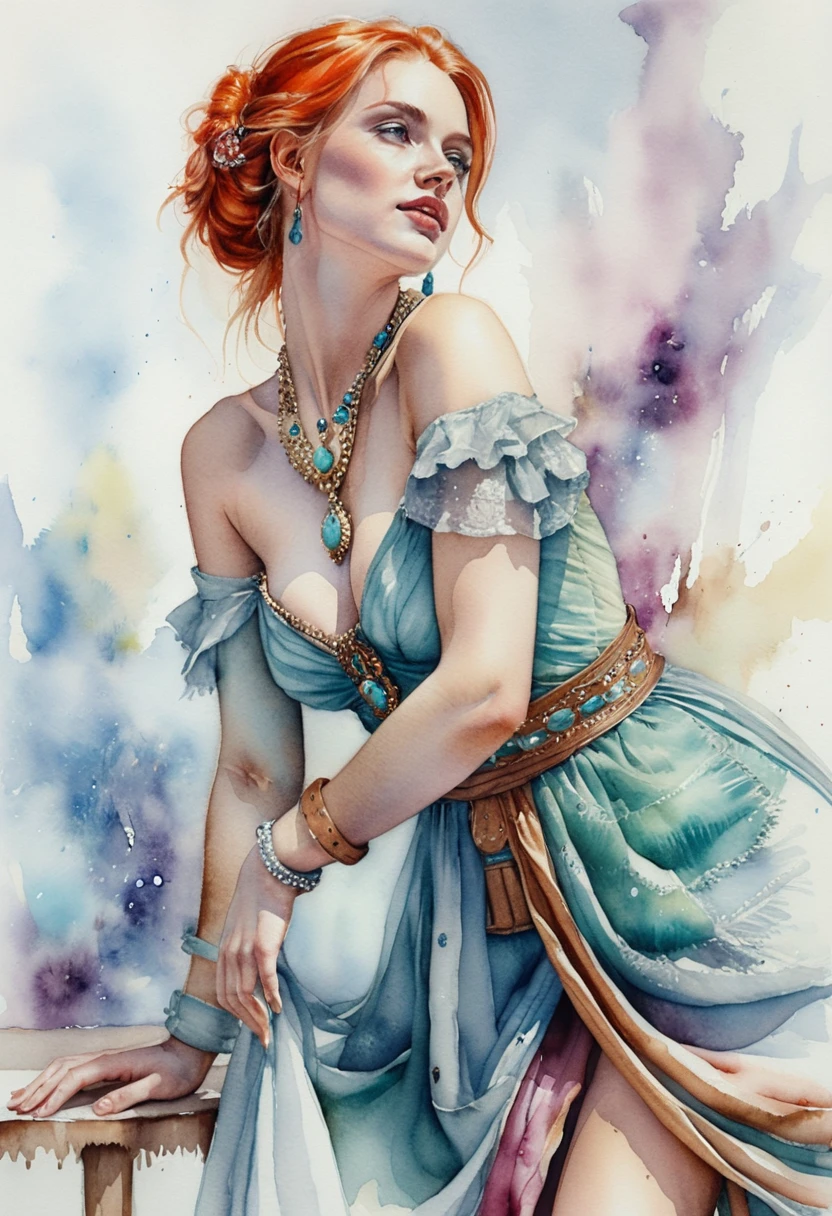 Red haired woman in pastel dress on wooden stool