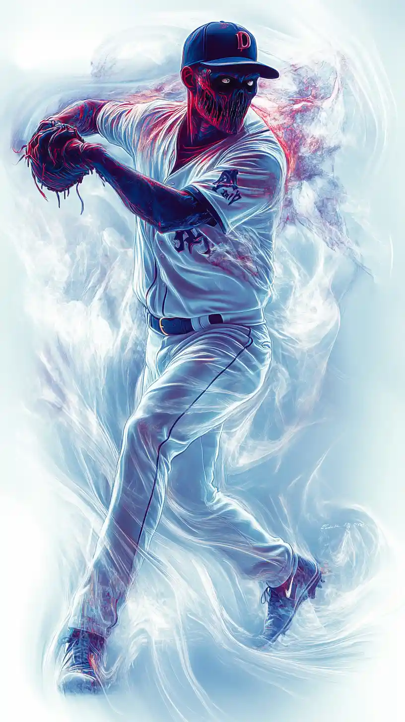 Undead baseball pitcher dissolving into flowing paint trails